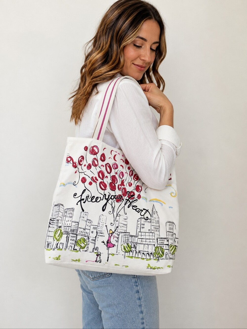 Brighton Free Your Heart Canvas Tote Bag Tom Clancy Cityscape Heart Balloon